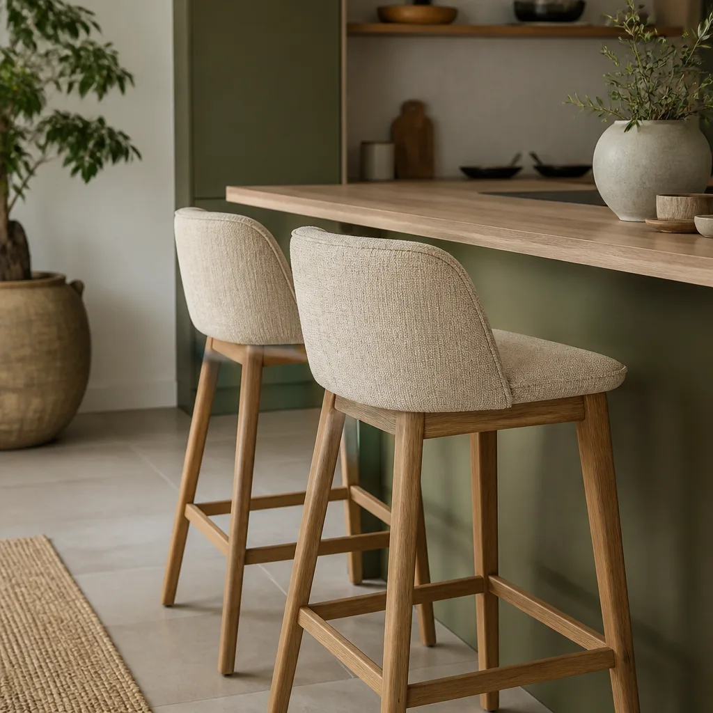 bar stools at a kitchen island counter, close up of seat and footrest