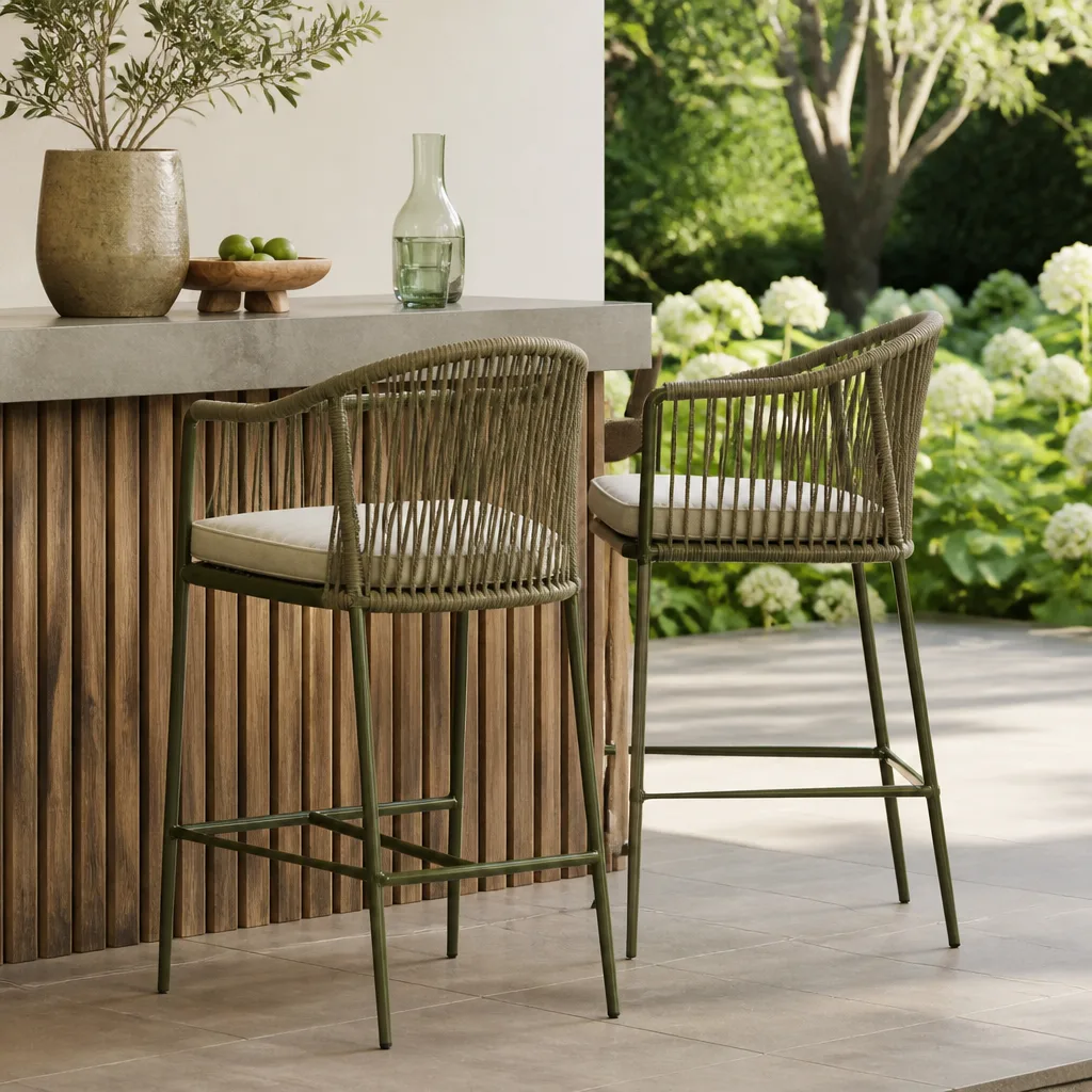 outdoor bar stools on a patio near a garden counter