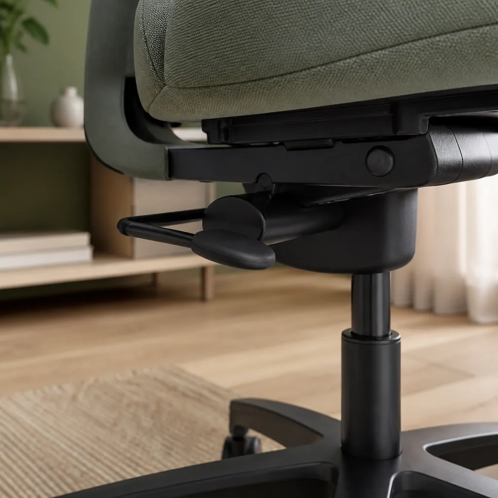close up of an office chair tilt mechanism and gas lift lever