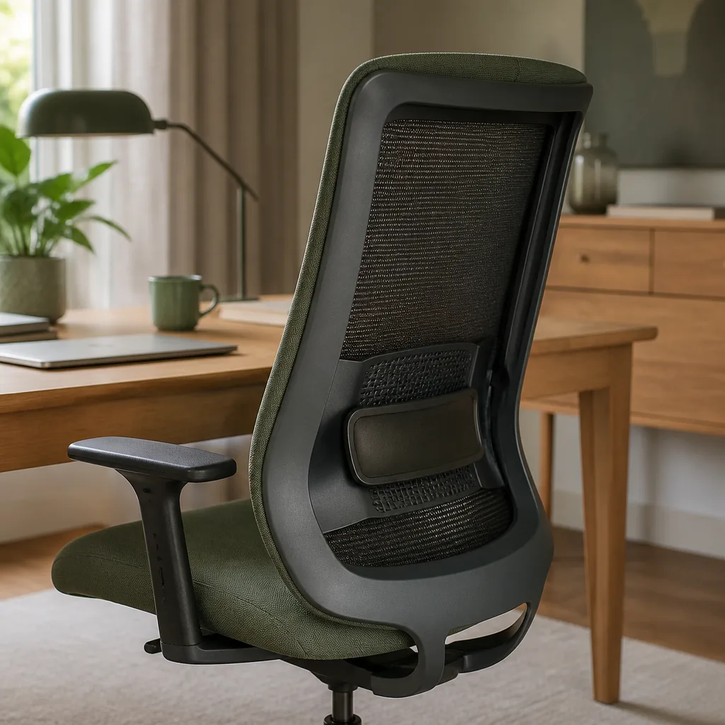 ergonomic office chair backrest with visible lumbar support in a home office