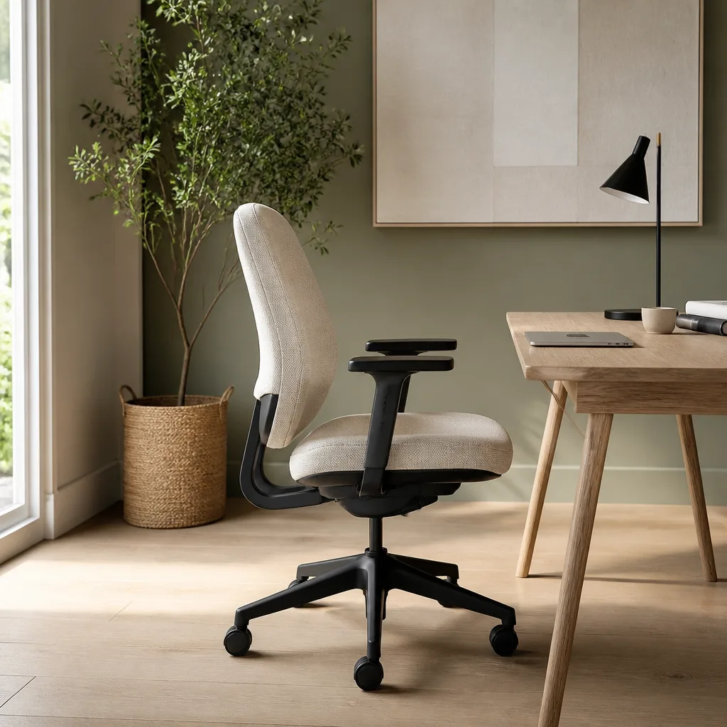 Home office with an adjustable office chair at a desk, plant in the background, daylight