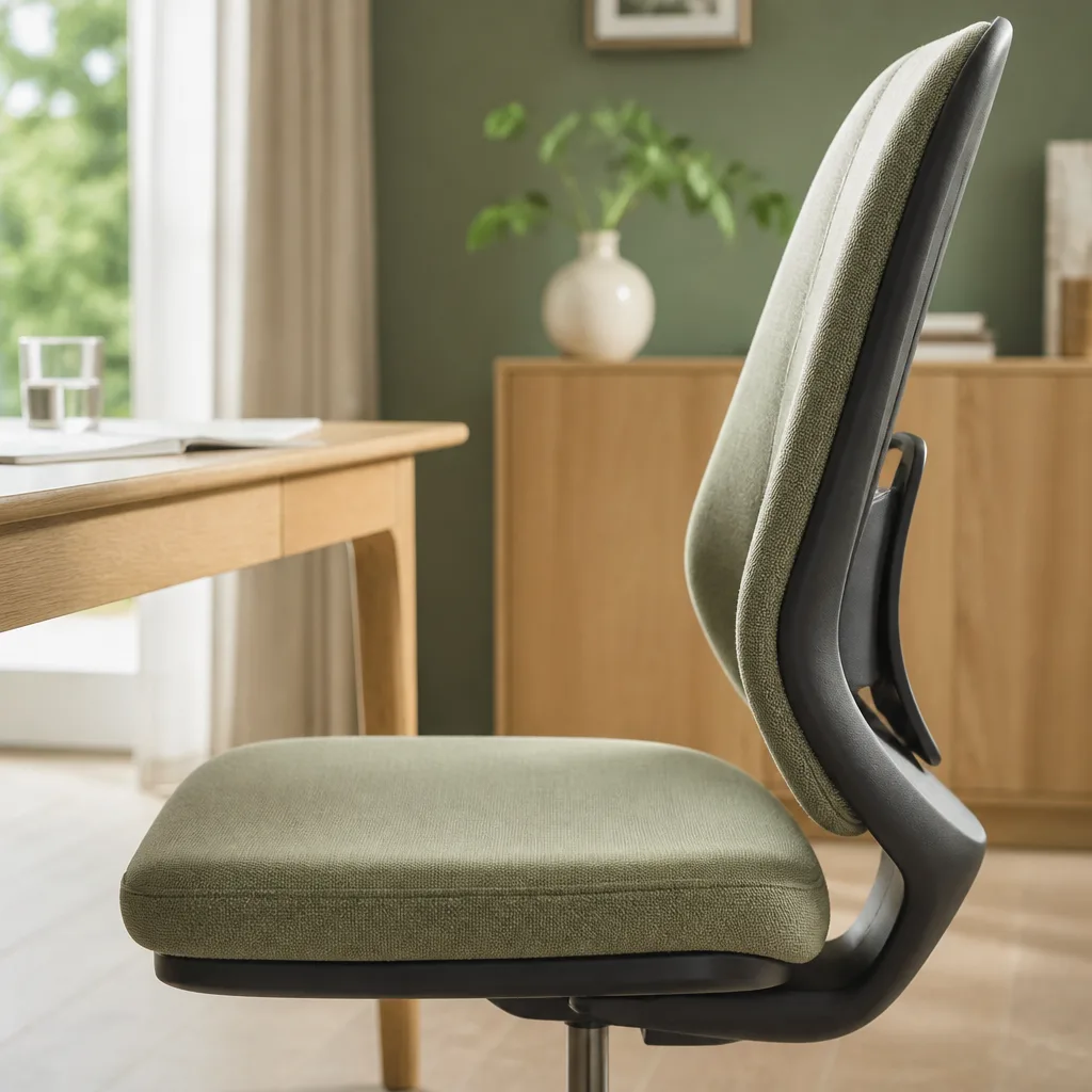 Close-up side view of an office chair backrest showing lumbar support curve