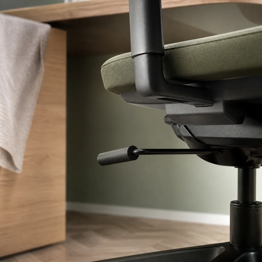 Close-up of an office chair gas lift lever and tilt mechanism beneath the seat