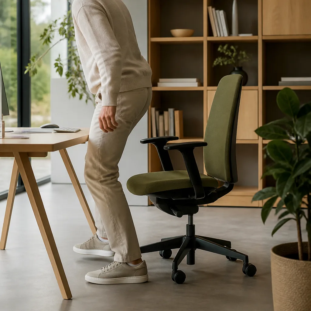 Person standing up from an office chair mid movement in a bright home office