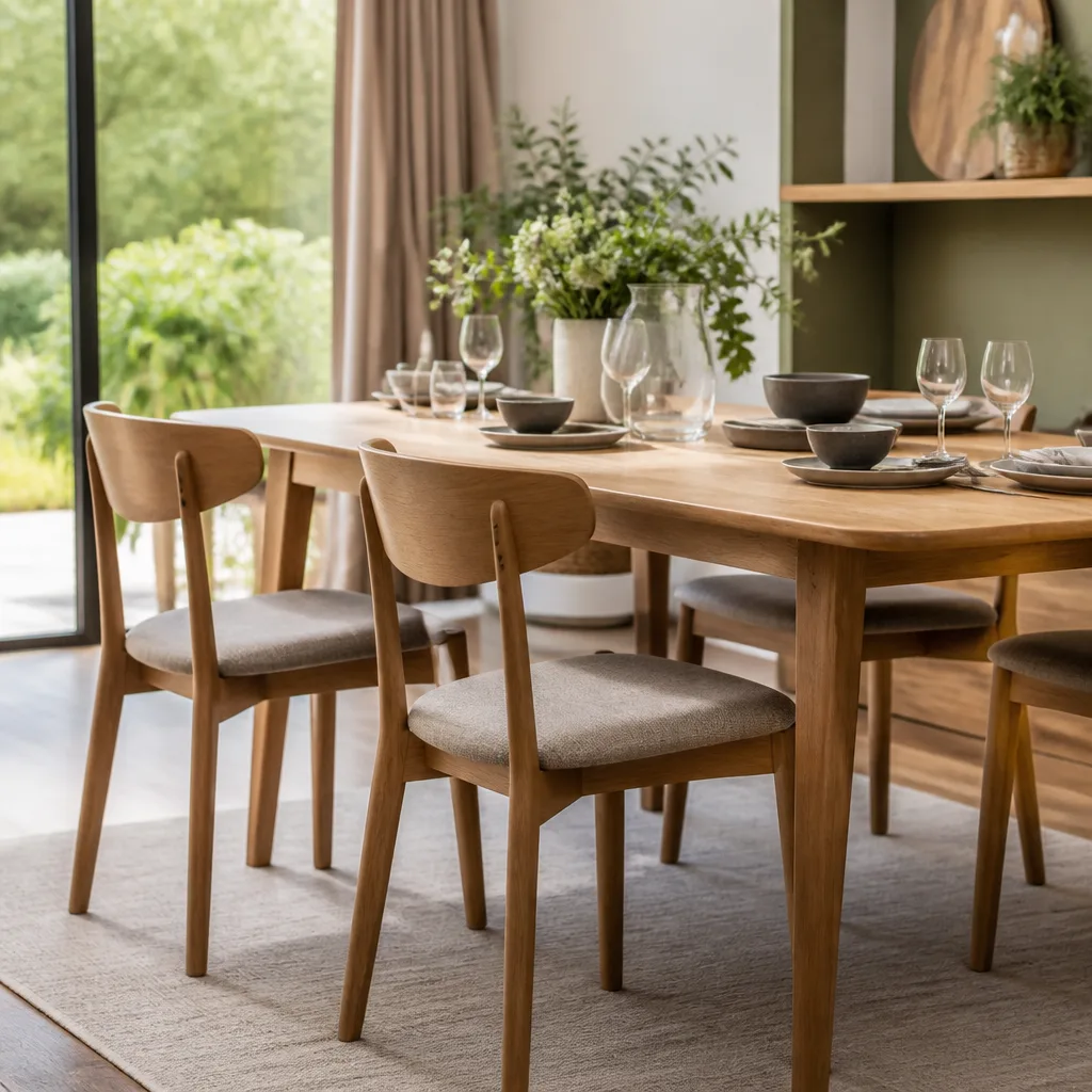 wooden dining chairs around a set table in a bright dining room