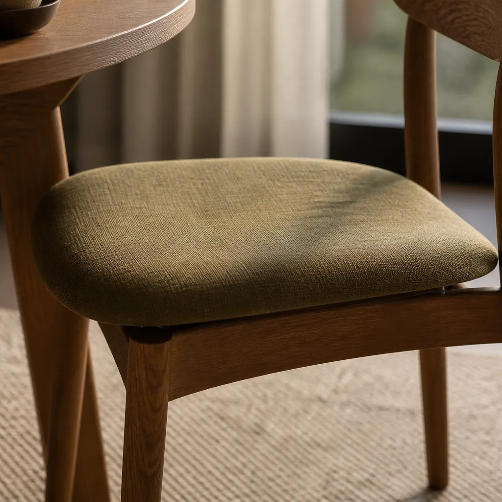 close up of a padded dining chair seat cushion in warm evening light