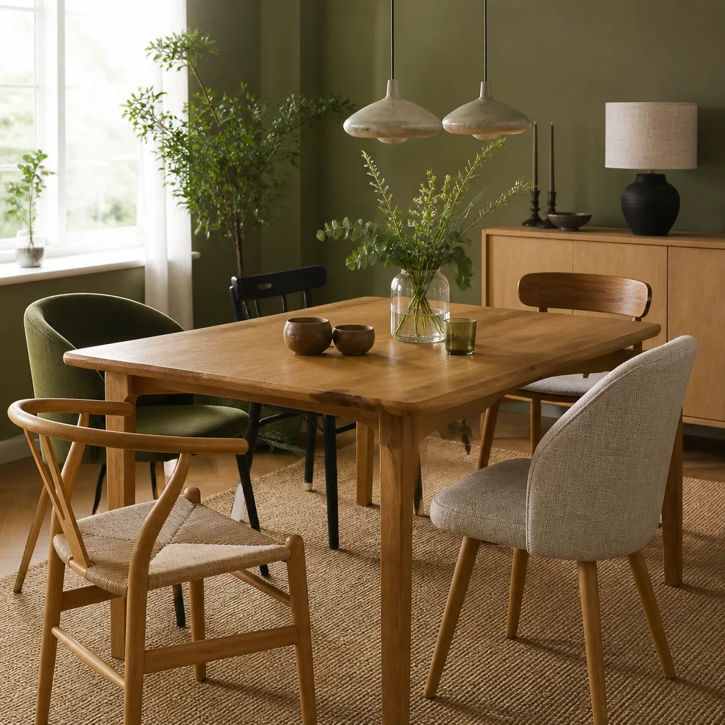 dining table with mixed chair styles, wood and upholstered, in a stylish interior