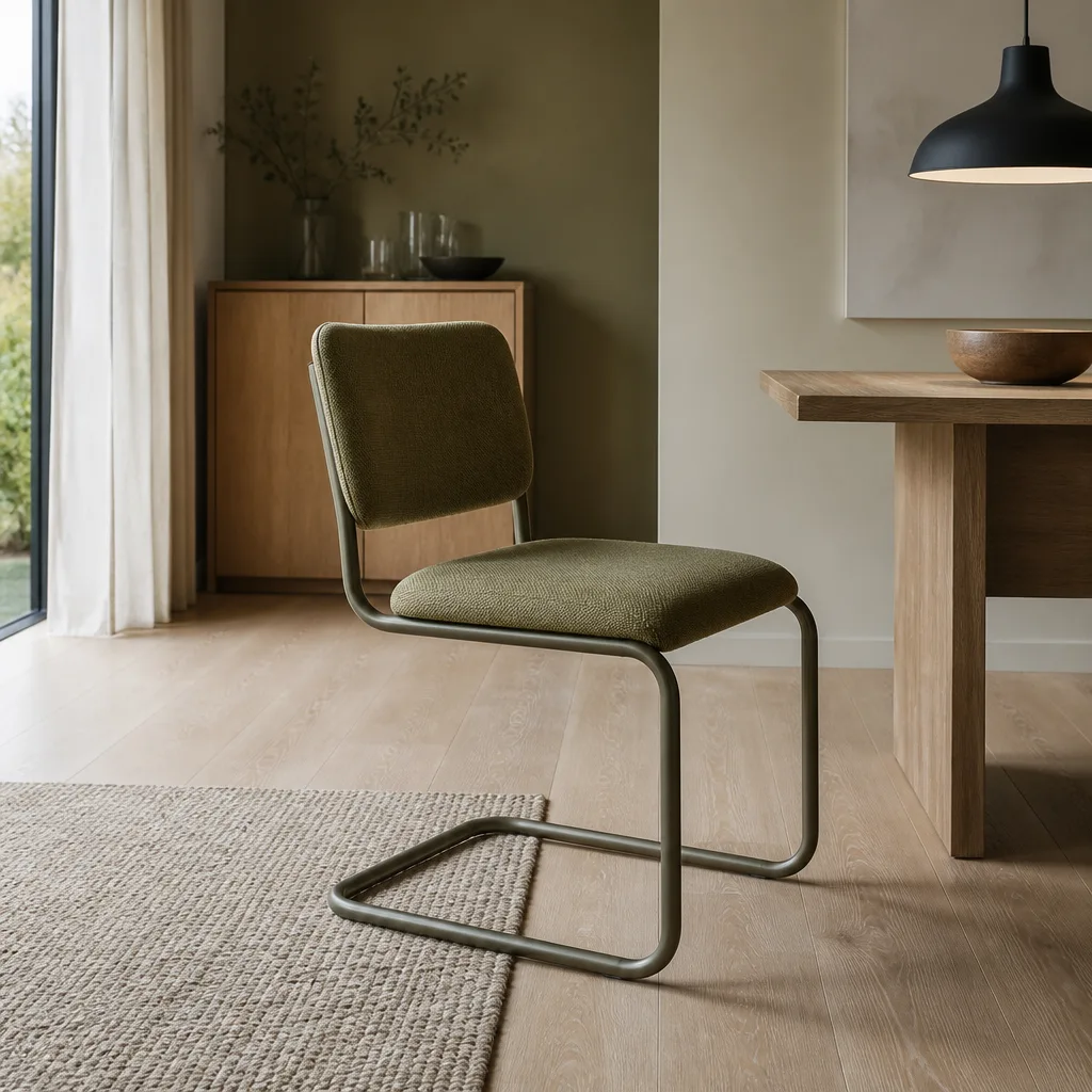 cantilever chair with curved tubular frame in a minimalist living room