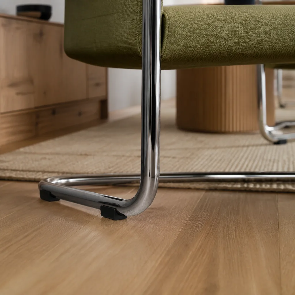 close up of a chrome steel tube frame joint on a cantilever chair
