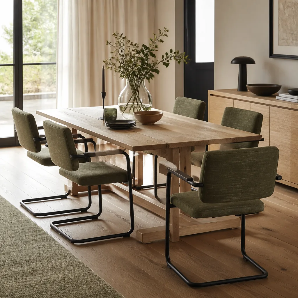 cantilever chairs around a wooden dining table with soft daylight