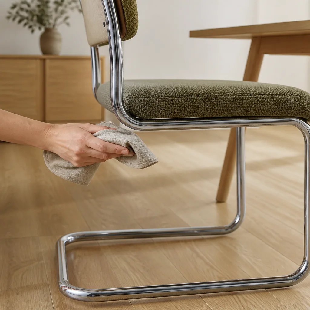 chrome cantilever chair frame being wiped clean with a soft cloth