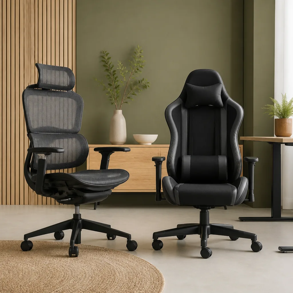 side by side comparison of a black ergonomic office chair and a racing style gaming chair in a bright studio