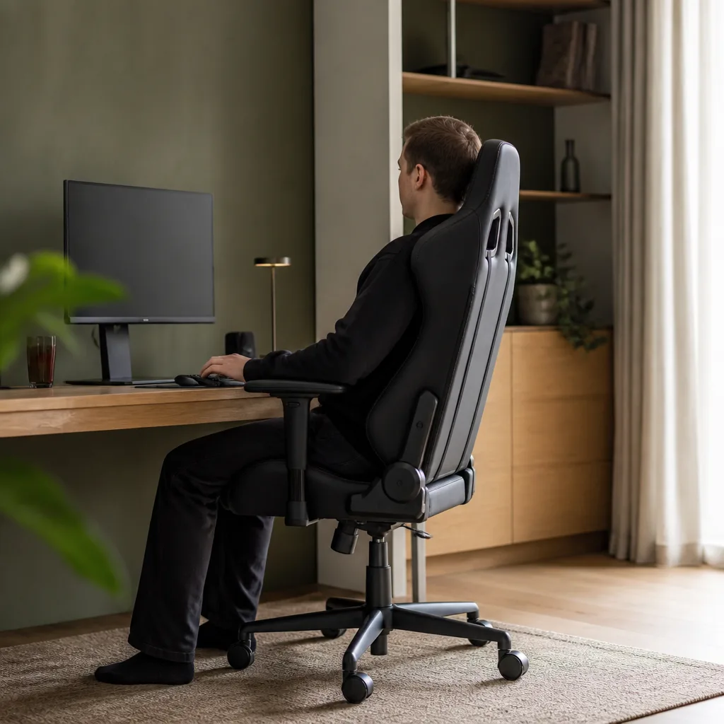 young adult sitting in a black gaming chair at a desk with a computer screen, side view