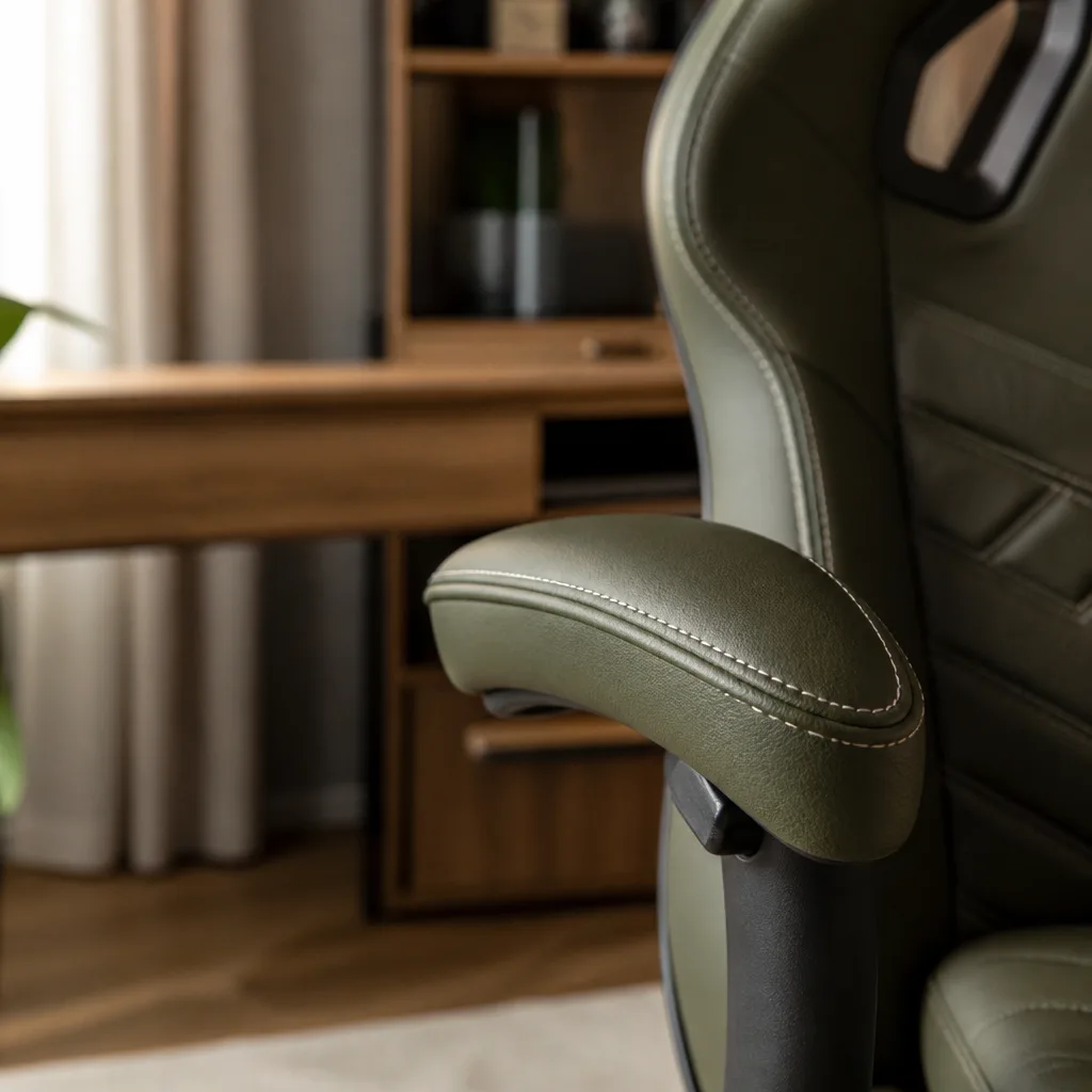 close up of stitched imitation leather upholstery on the armrest of a gaming chair
