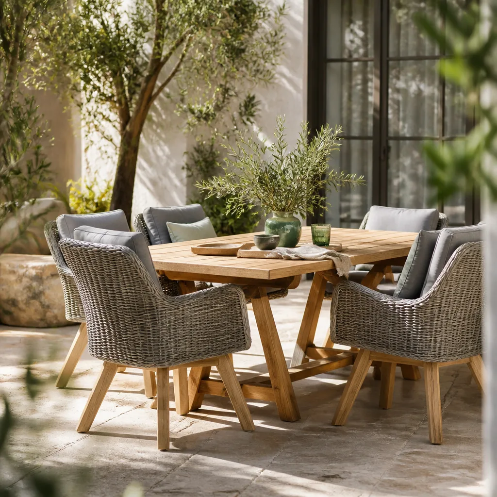 grey polyrattan garden chairs around a wooden table on a sunny terrace