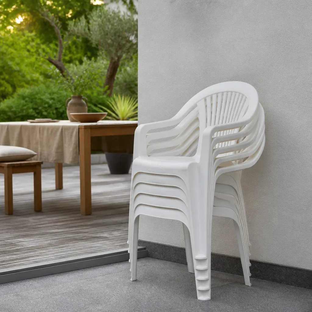 stack of white plastic garden chairs stacked against a wall next to a patio