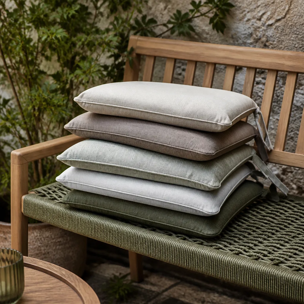 folded outdoor seat cushions in neutral fabric stacked on a garden bench