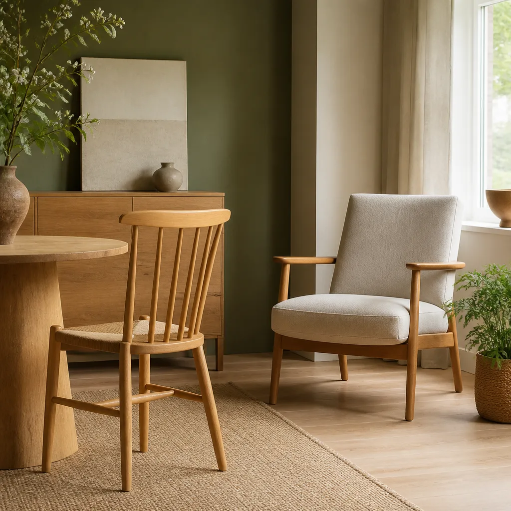 Bright living room corner with a wooden dining chair and an upholstered armchair, soft daylight through a window