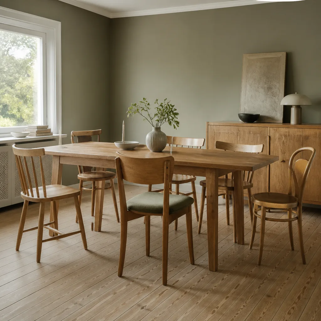 dining table with mismatched wooden chairs of different shapes around it, natural light, no people