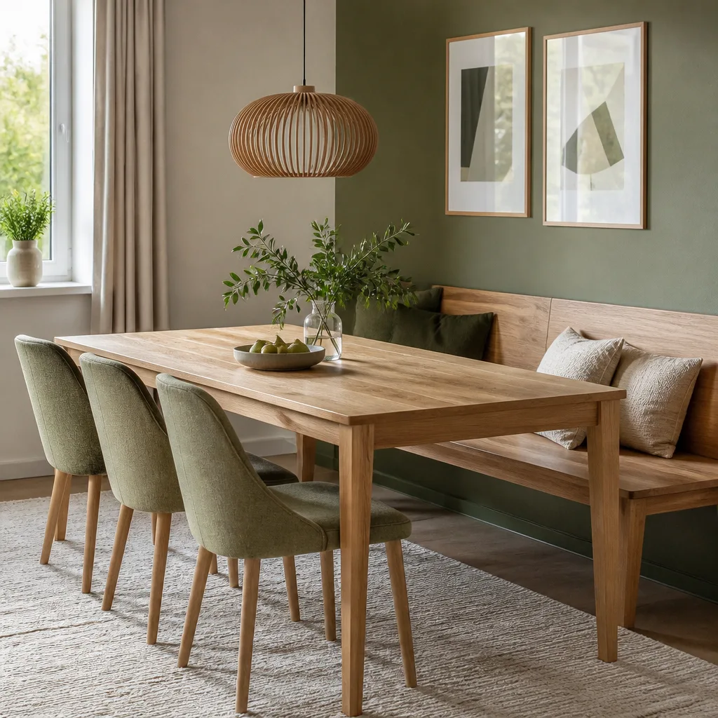 dining table with a wooden bench on one side and chairs on the other side, cozy interior