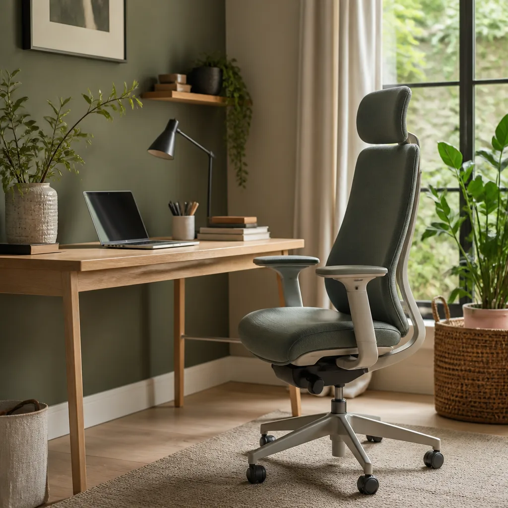 home office corner with an ergonomic office chair at a desk, natural daylight through a window
