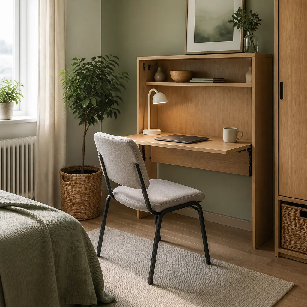 foldable guest room desk with a simple conference chair, tidy interior, daylight