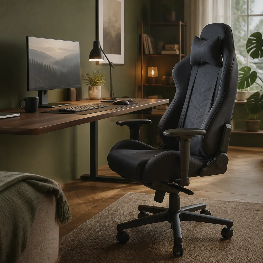 gaming style office chair with high backrest at a desk with a monitor, moody desk lighting