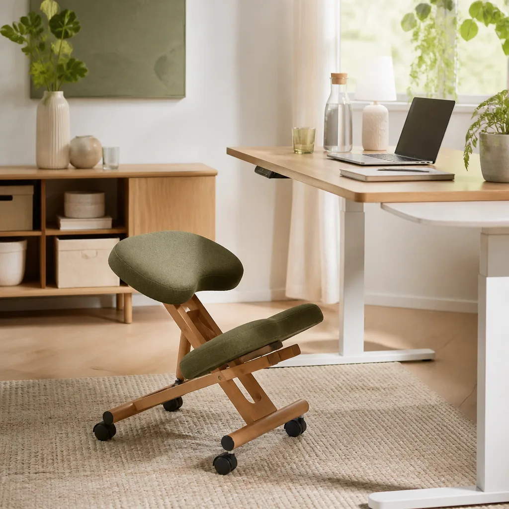 kneeling chair in front of a standing desk in a bright home office, no backrest visible
