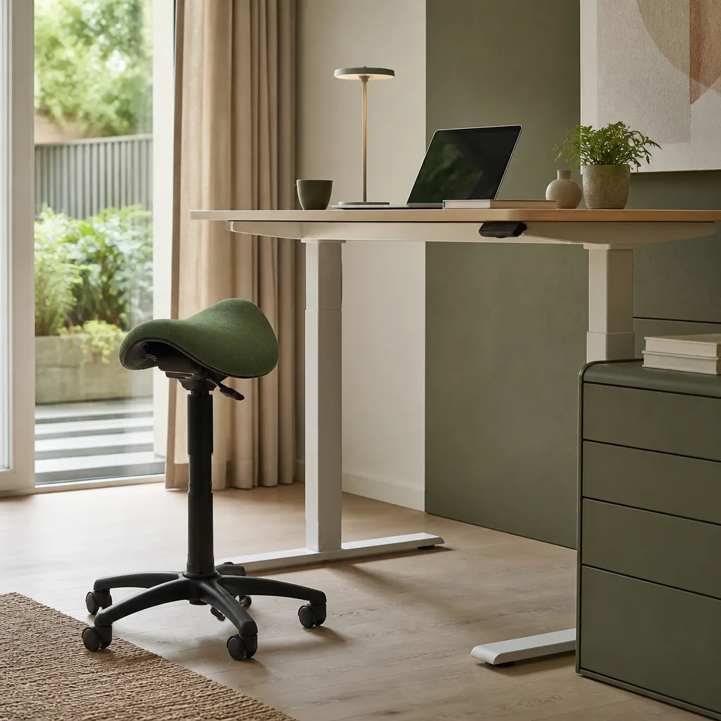saddle seat chair next to a standing desk, ergonomic home office setup, natural light