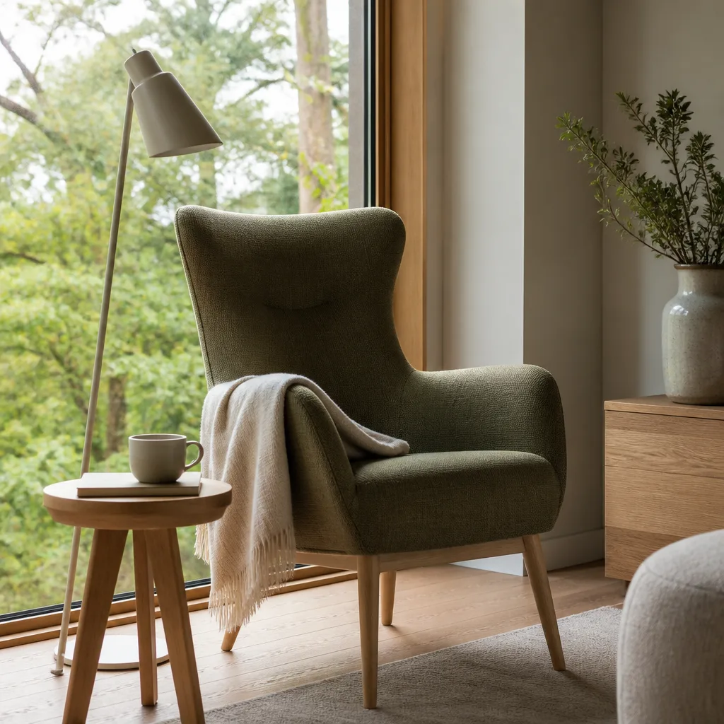 reading armchair placed by a large window with a small side table and a lamp, soft daylight
