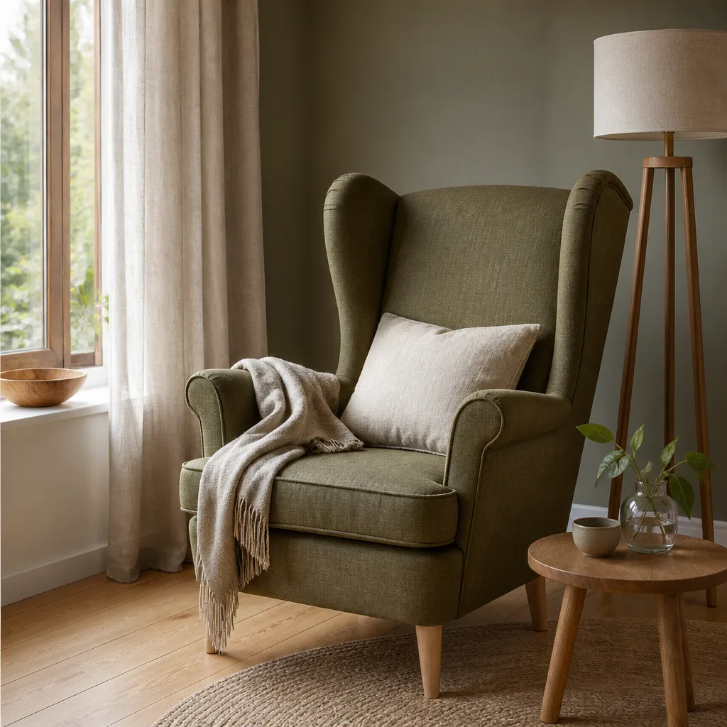 wingback armchair in a living room corner with a floor lamp and a small rug, cozy atmosphere