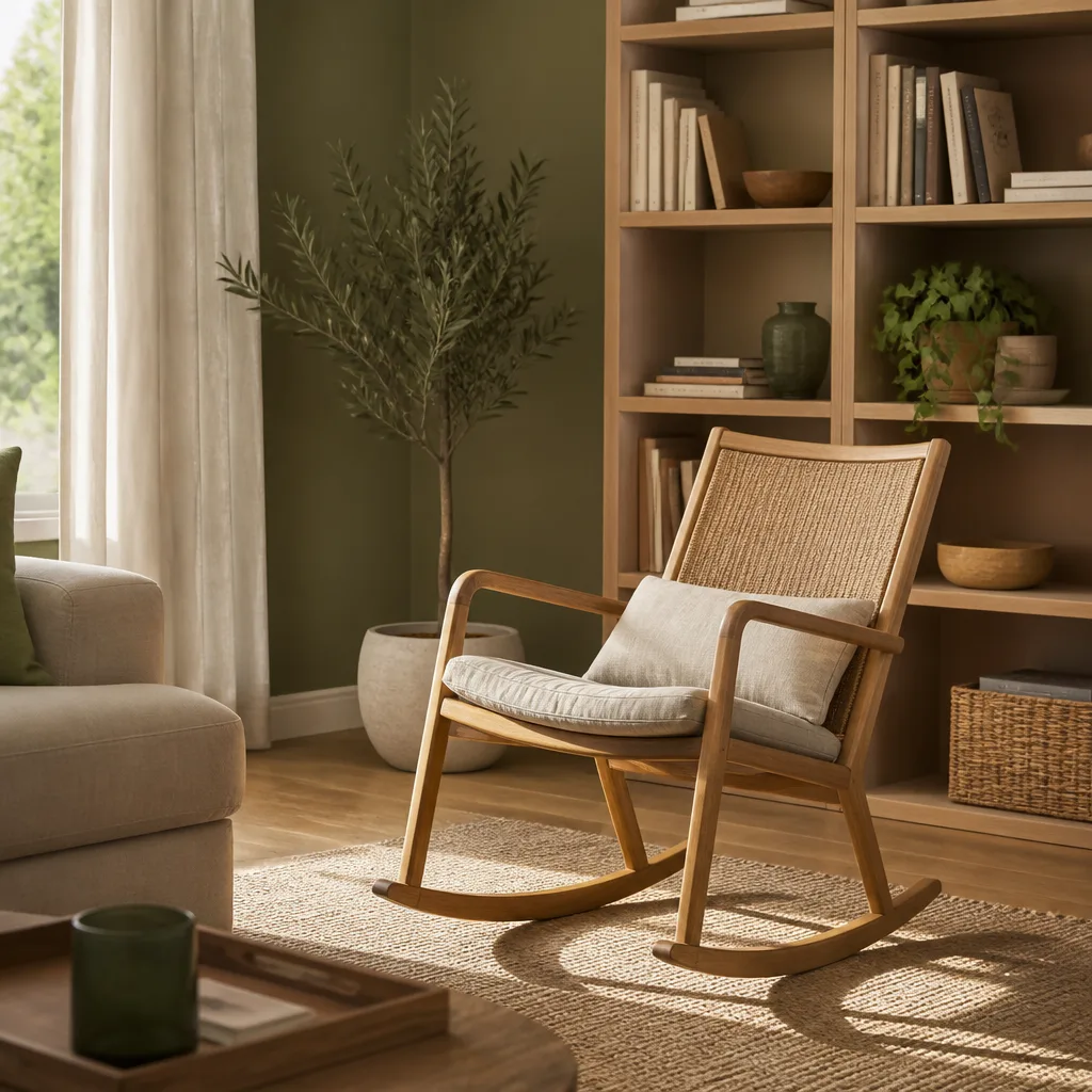 wooden rocking chair in a living room corner near a bookshelf, warm afternoon light