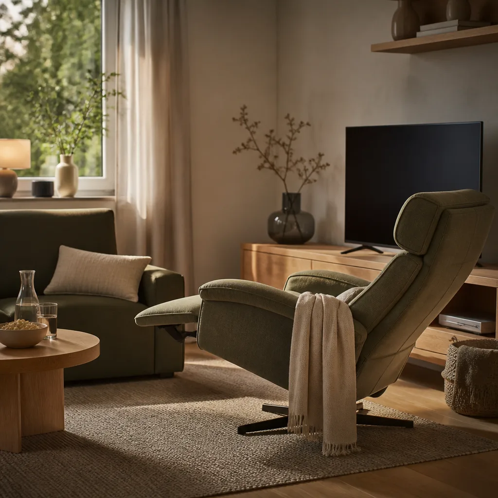 recliner armchair facing a television in a living room, evening lighting, relaxed setup