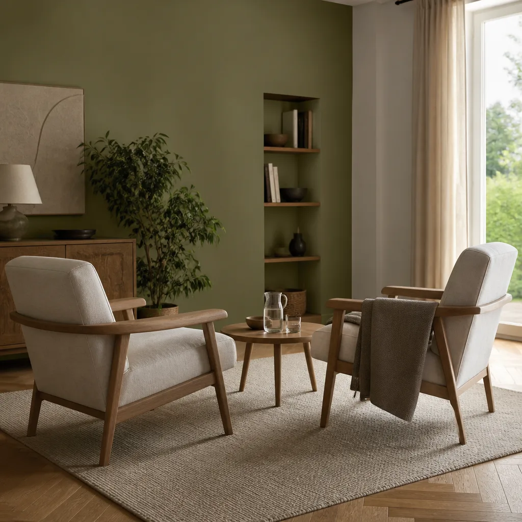two armchairs facing each other in a living room set up for conversation, soft light