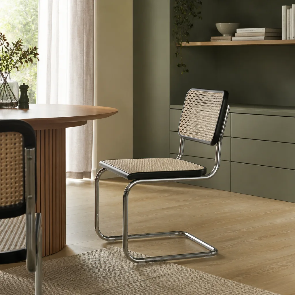 cantilever chair with chrome frame and mesh seat next to a dining table, minimalist interior
