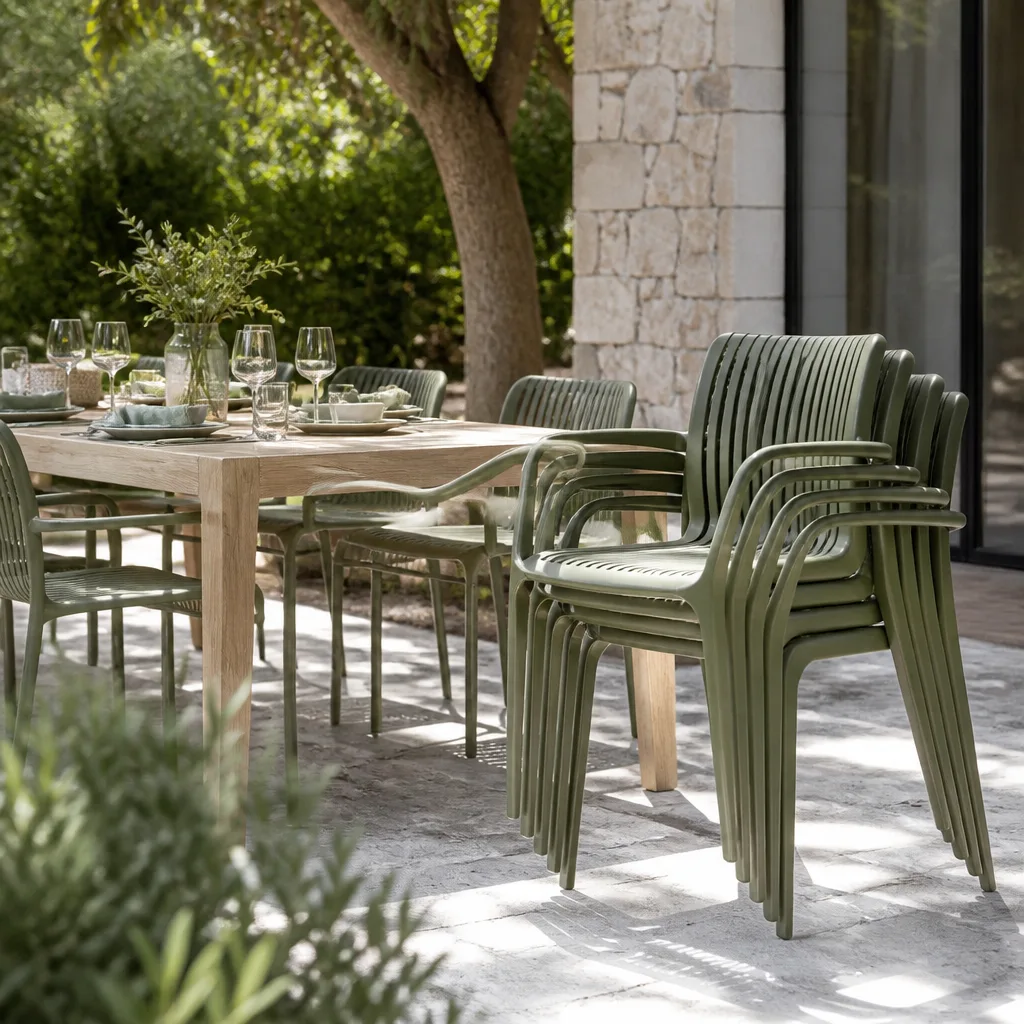 stack of lightweight garden chairs on a terrace ready for a party, outdoor daylight
