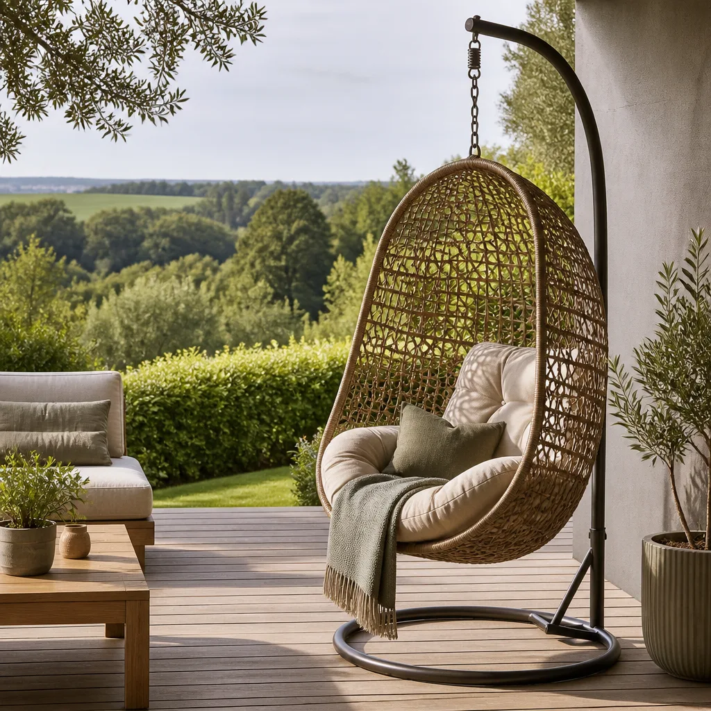 hanging chair suspended from a sturdy frame on a terrace, cushions inside, garden view