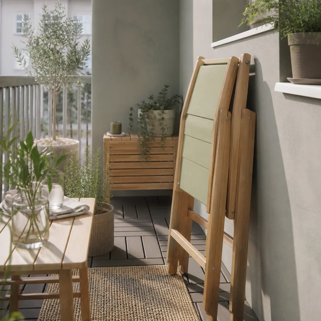 folding chairs leaning against a balcony wall, small balcony with plants, daylight