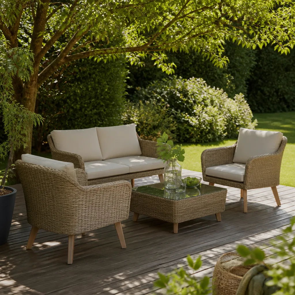 polyrattan outdoor seating group with a small table in a garden, sunny afternoon
