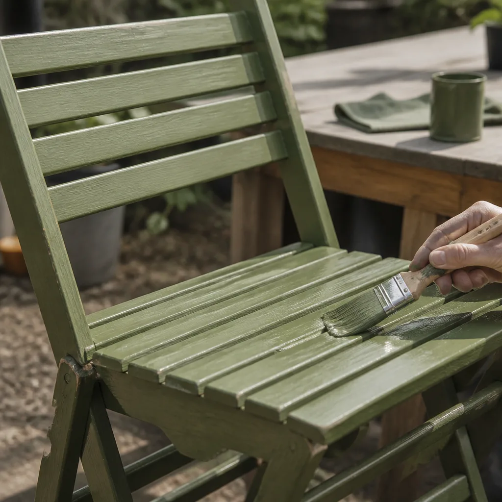 close-up of a wooden garden chair being repainted with a brush, outdoor workshop setting
