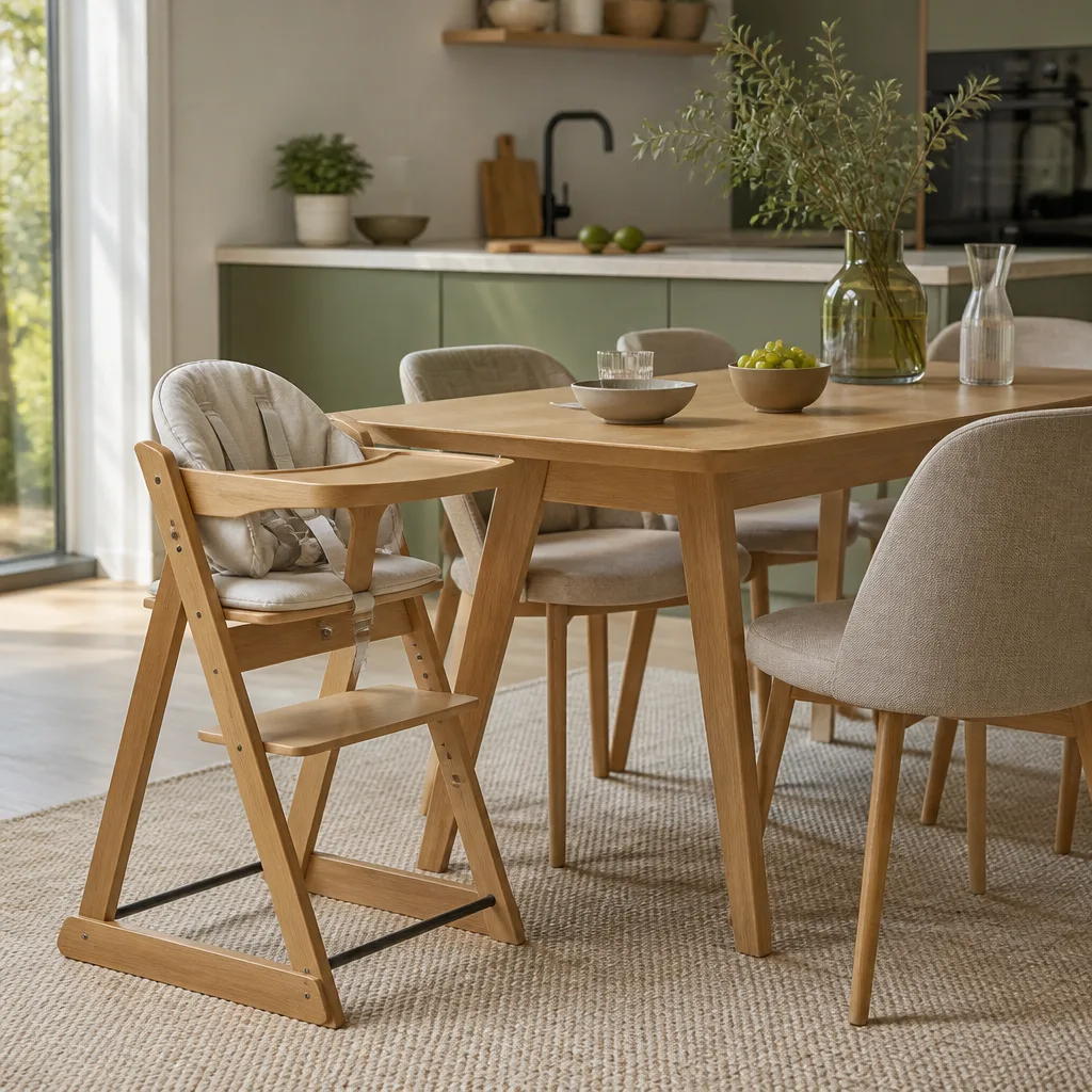 baby high chair placed at a family dining table, bright kitchen, no people