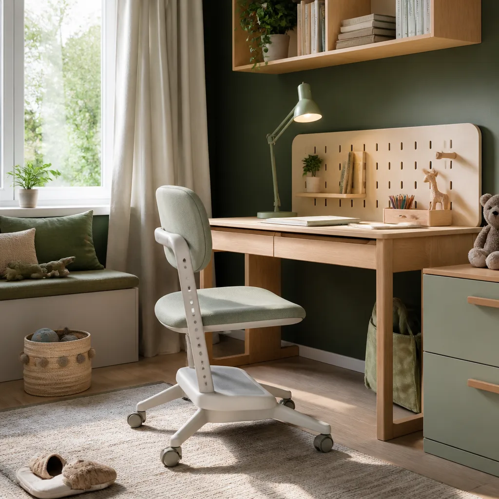 adjustable children's desk chair at a small study desk, colorful kids room, daylight