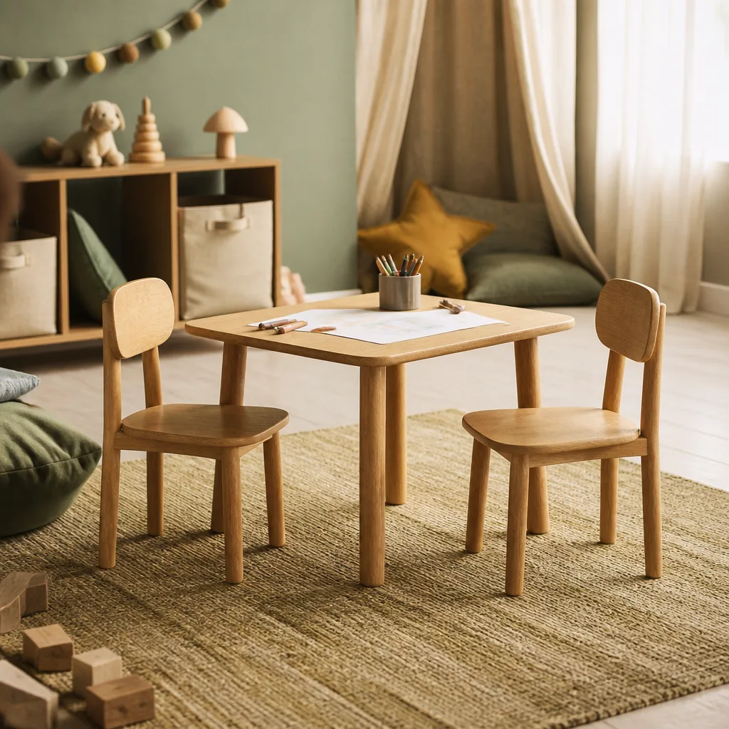 small children's table and chairs set up with crayons and paper, playful room, daylight