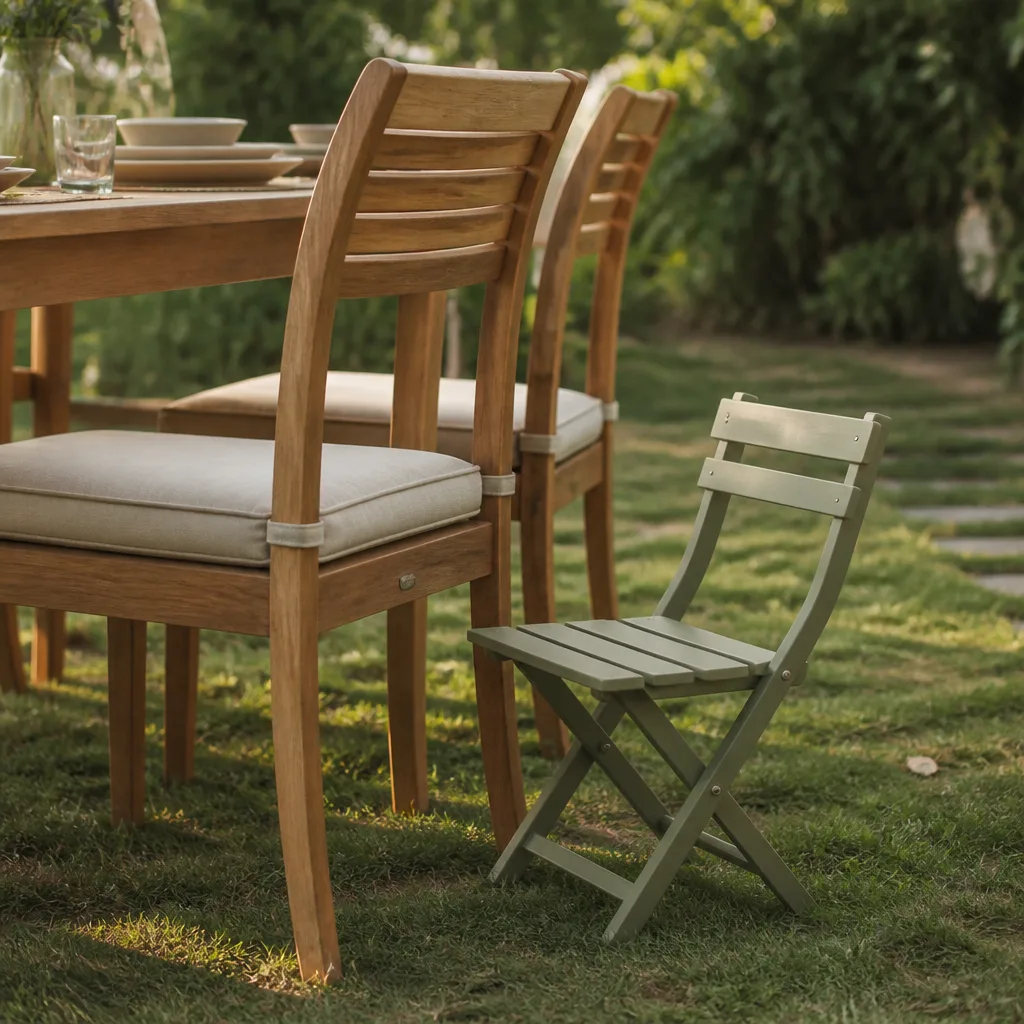 small folding children's chair on a garden lawn next to adult garden chairs, sunny day