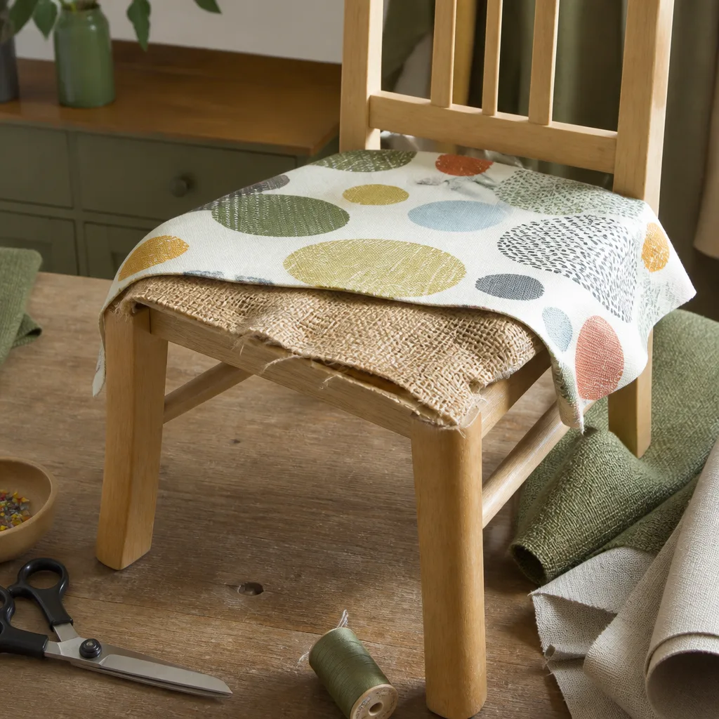 close-up of a small child's chair seat being reupholstered with colorful fabric, workshop table