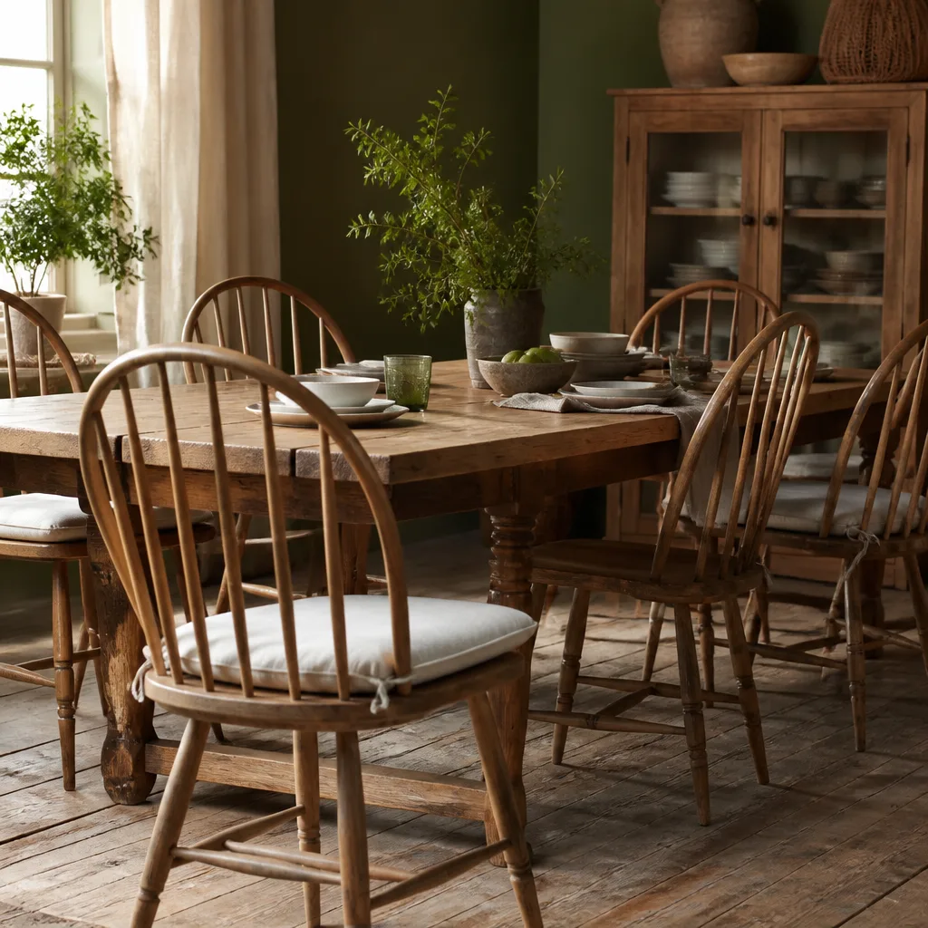 wooden windsor chairs with spindle backs around a rustic dining table, warm daylight