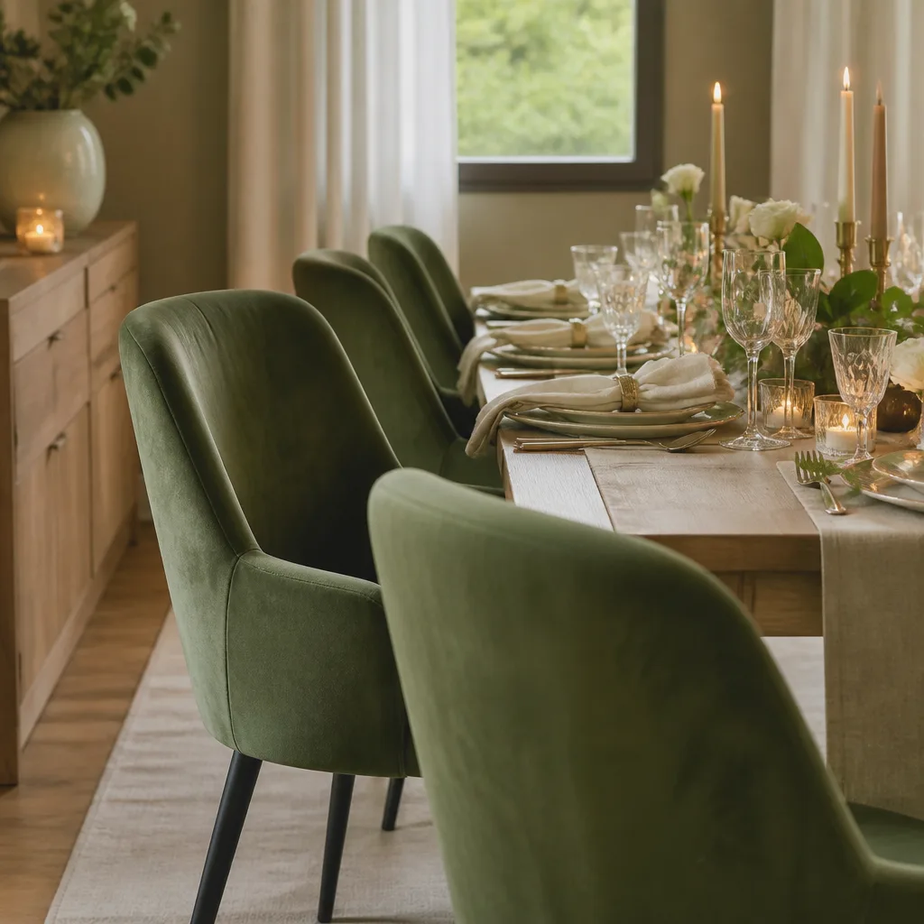 upholstered dining chairs with velvet fabric in a dining room set for a festive dinner