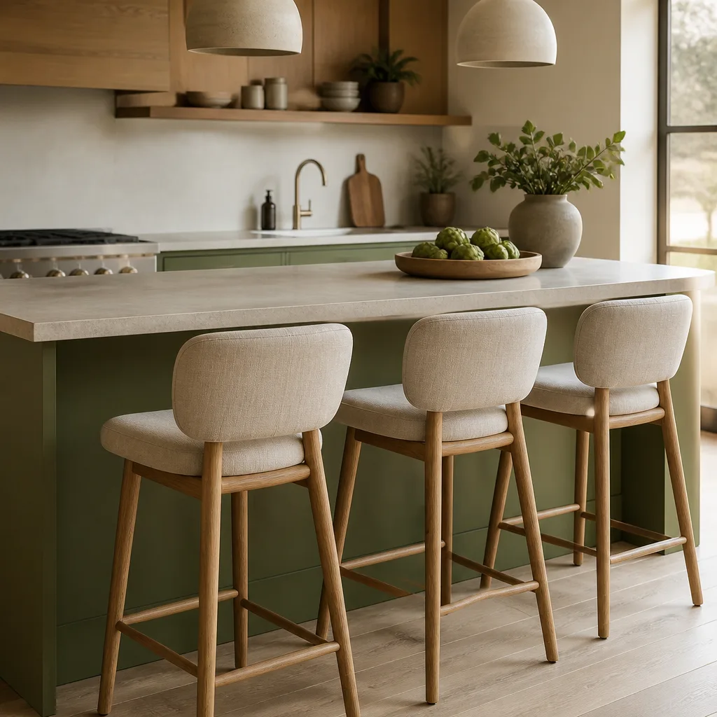 kitchen island with three bar stools underneath, close-up of counter height seating