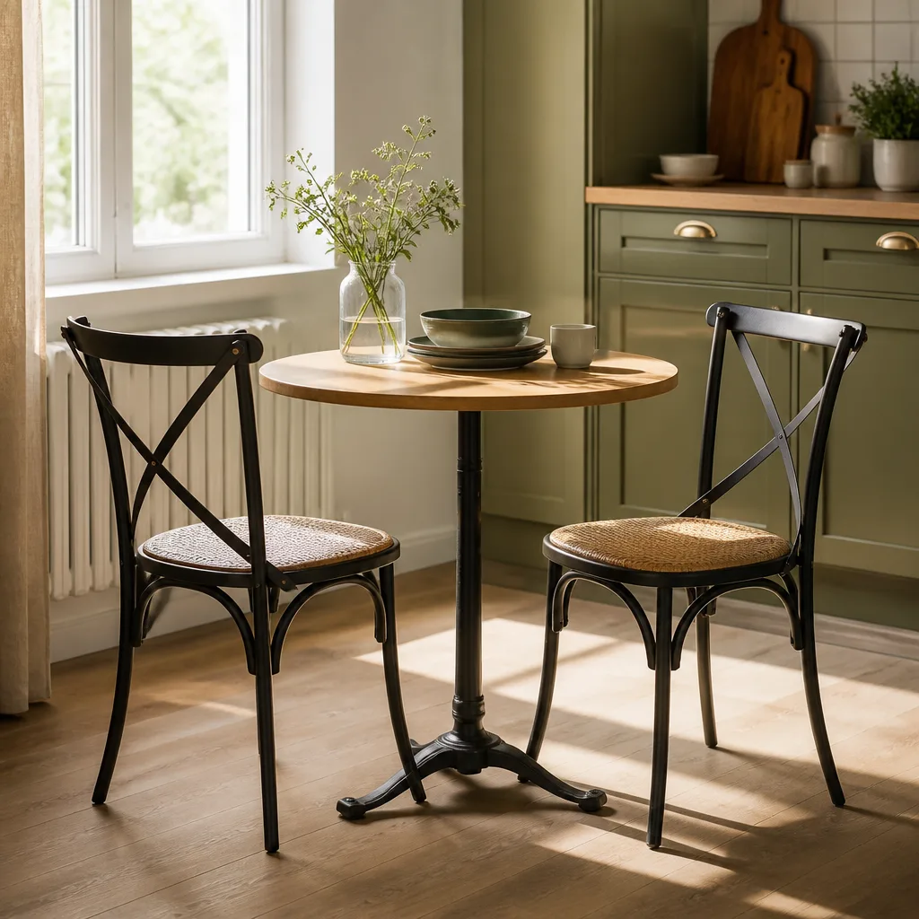 small kitchen table with two bistro chairs, metal frames, cozy morning light