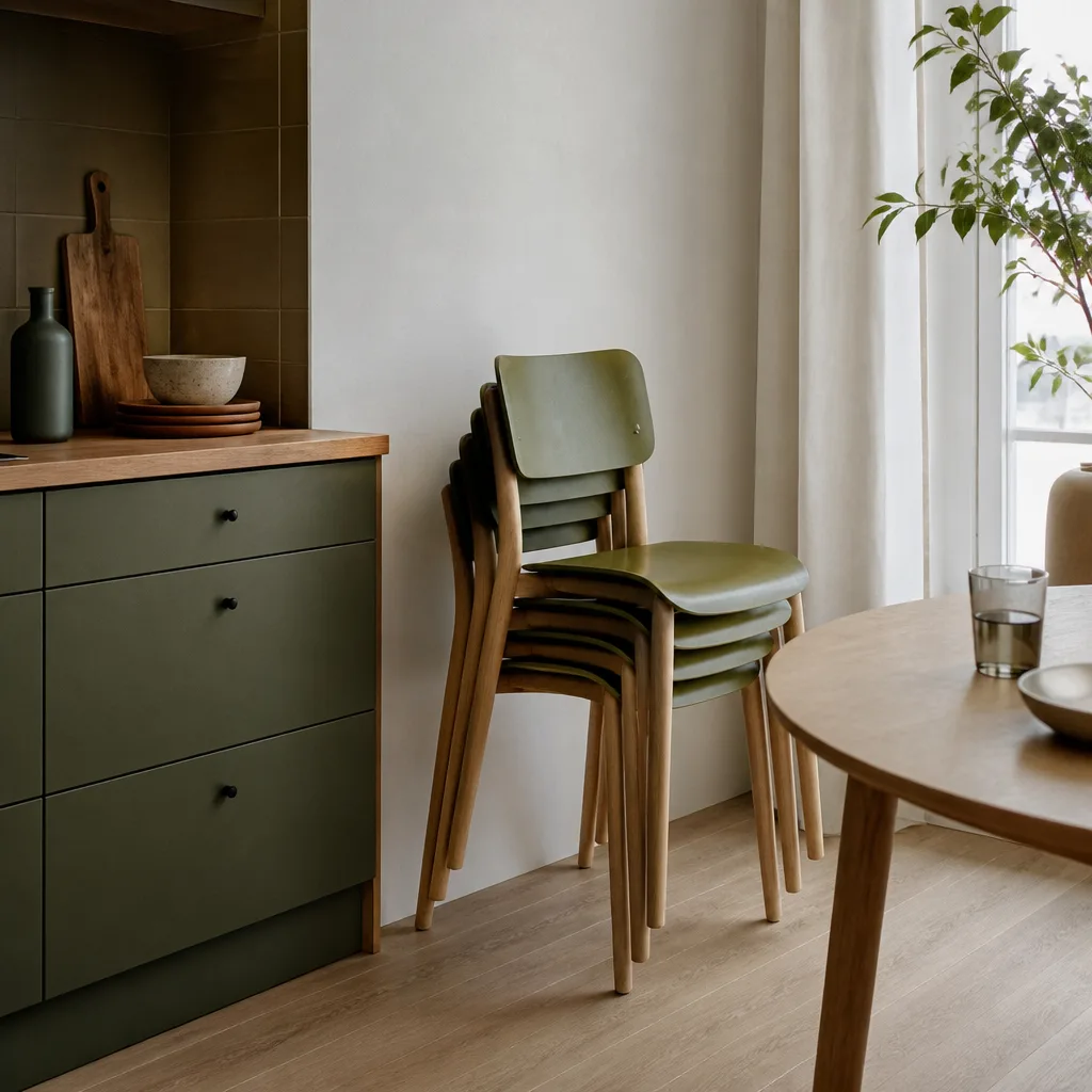 stack of lightweight kitchen chairs against a wall in a small kitchen, minimal interior